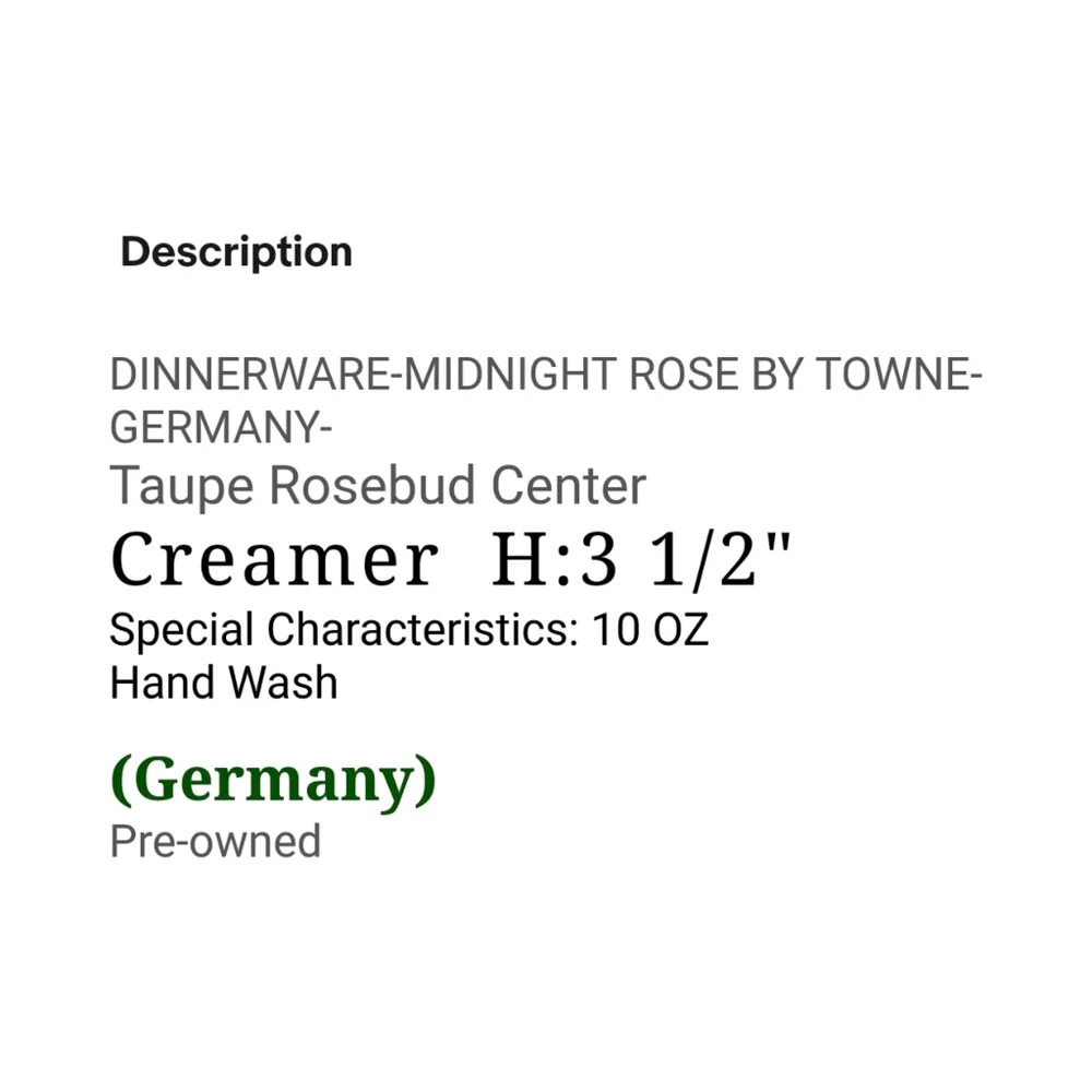 Towne Fine China  Midnight Rose White Porcelain Creamer with Silver Acce…